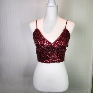 Iris Burgundy Sequin V-Neck Crop Top Adjustable Straps Rave Festival MediumI
